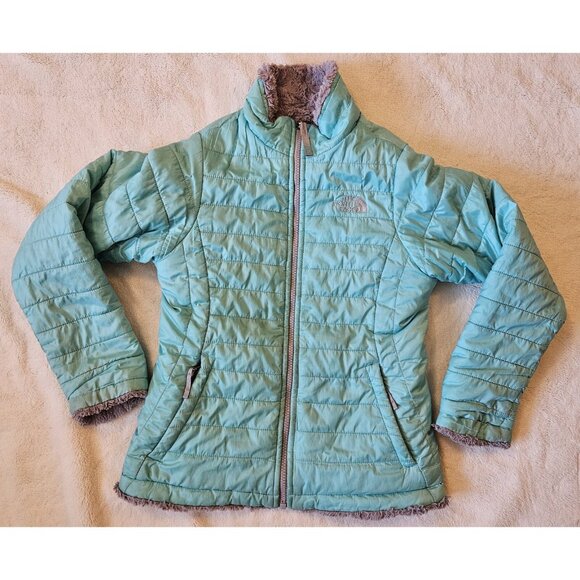 The North Face Mossbud Reversible Jacket Girls Size Large 12 Gray Fleece Green - Picture 1 of 13